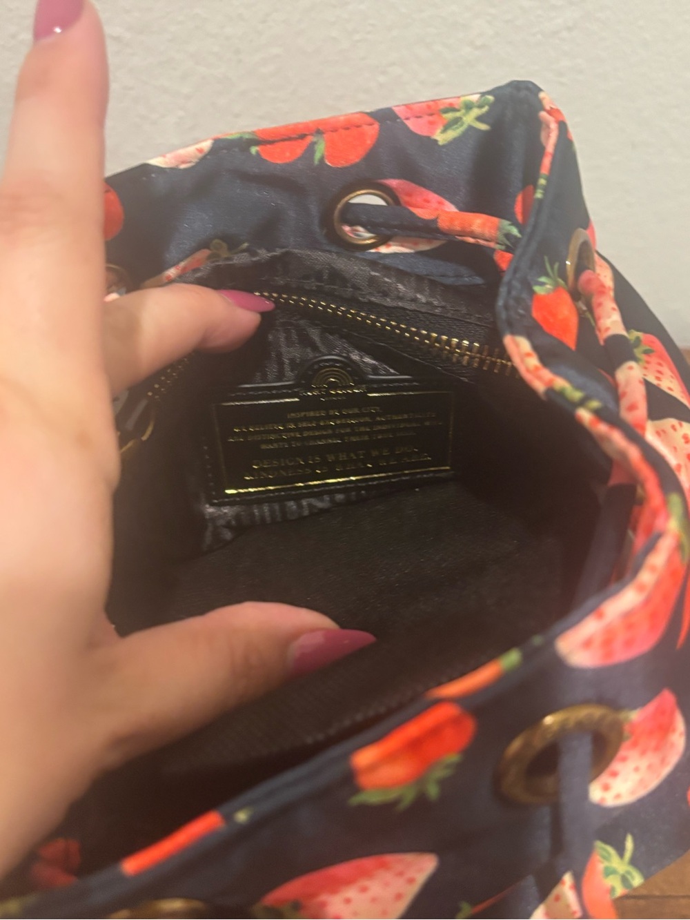 Kurt Geiger Navy Backpack with Red Strawberry Print - Picture 6 of 10